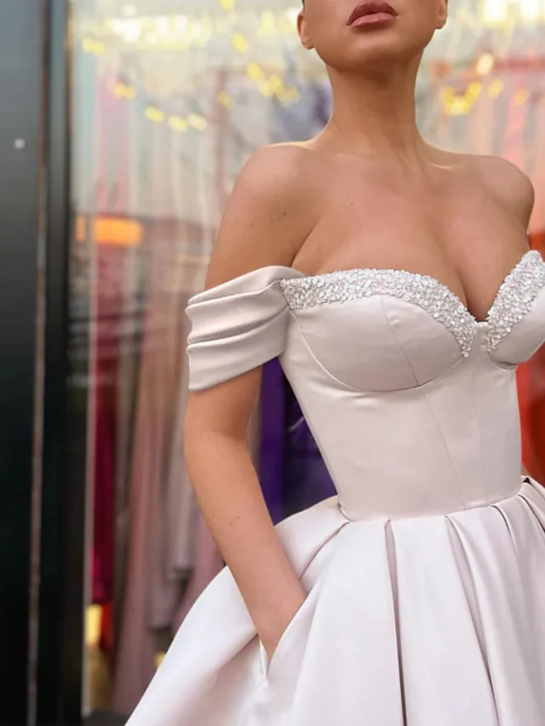 A Line Off-the-shoulder Sequins Satin Tea Length Homecoming Dresses DP998