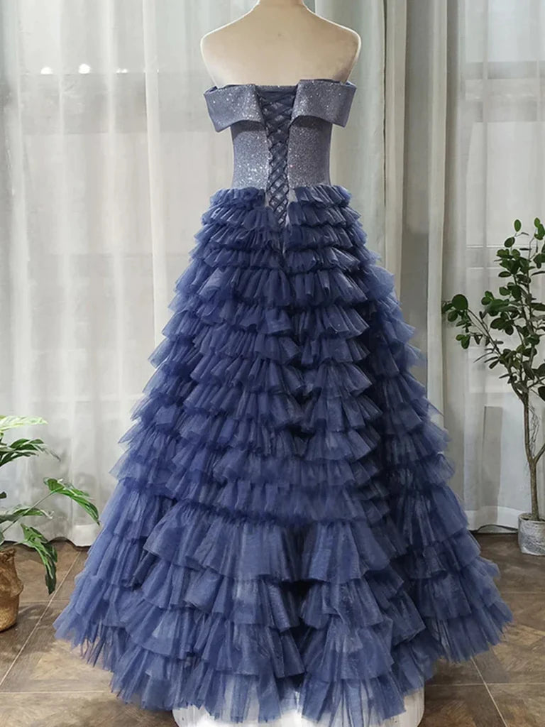A Line Off-the-shoulder Sequins Navy Blue Layered Tulle Long Prom Dresses DP863