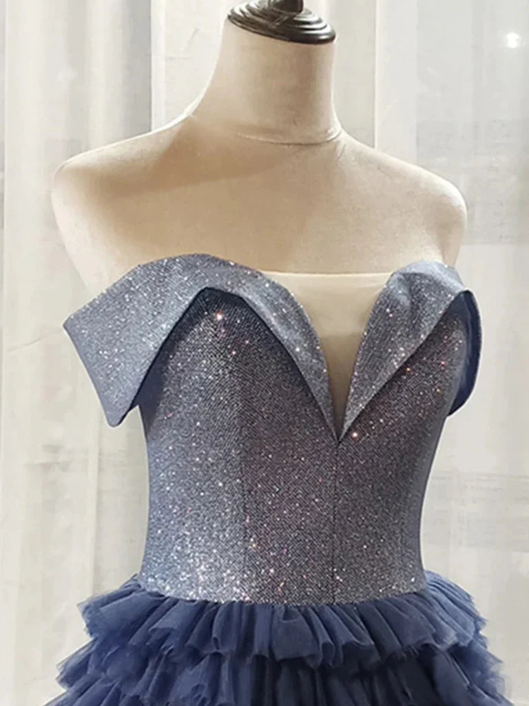 A Line Off-the-shoulder Sequins Navy Blue Layered Tulle Long Prom Dresses DP863