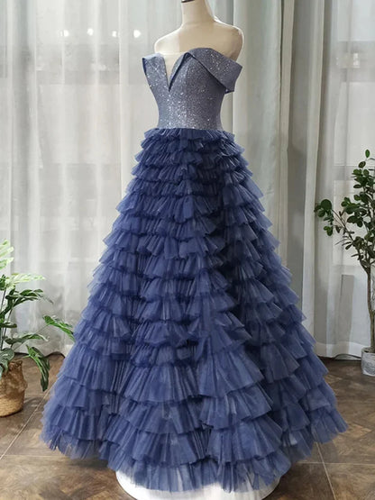 A Line Off-the-shoulder Sequins Navy Blue Layered Tulle Long Prom Dresses DP863
