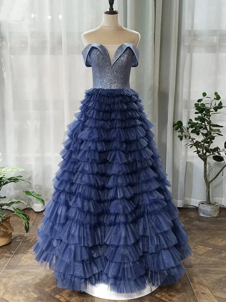 A Line Off-the-shoulder Sequins Navy Blue Layered Tulle Long Prom Dresses DP863