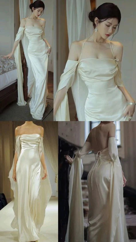 Off The Shoulder Floor-length Satin Long Sleeves Evening Dress Prom Dresses DP5984