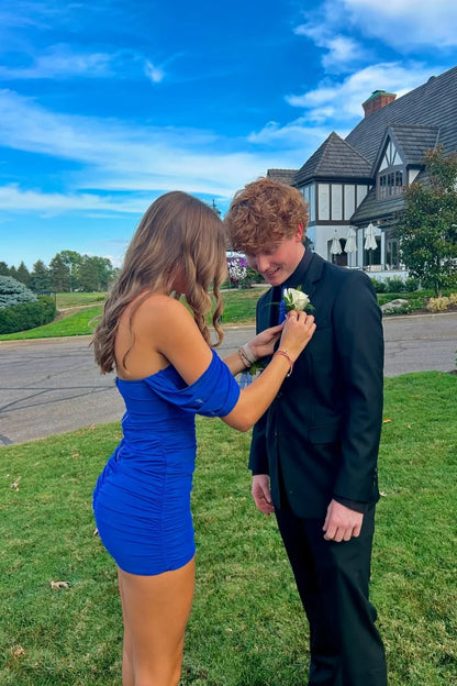 Royal Blue Sheath Off the Shoulder Chiffon Short Homecoming Dress Mini Dress Outfits DP5886