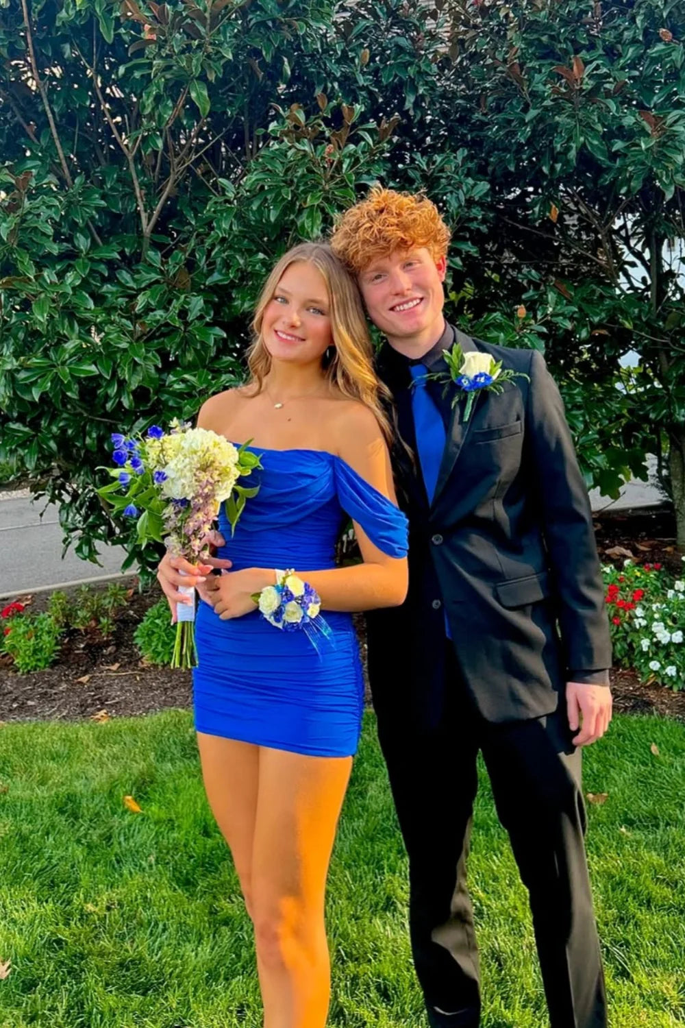 Royal Blue Sheath Off the Shoulder Chiffon Short Homecoming Dress Mini Dress Outfits DP5886