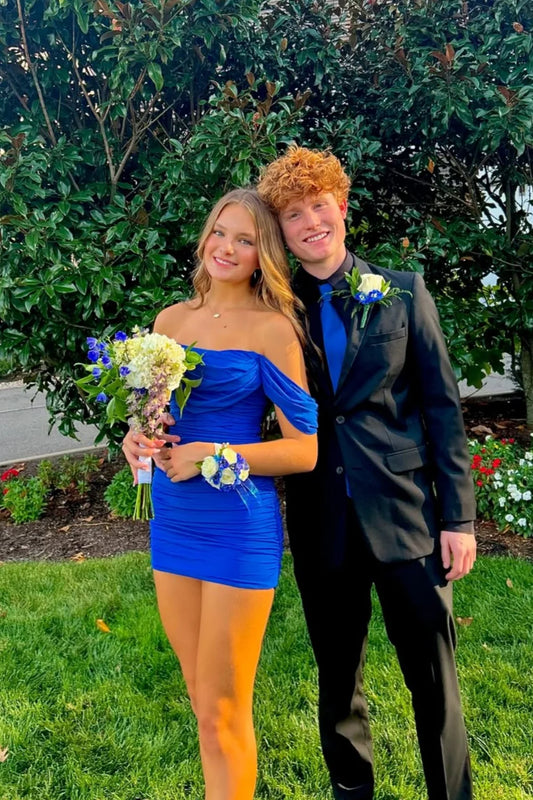 Royal Blue Sheath Off the Shoulder Chiffon Short Homecoming Dress Mini Dress Outfits DP5886