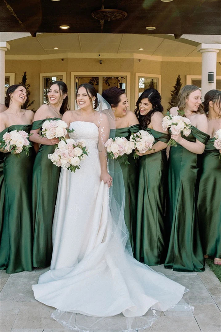 Off the Shoulder Champagne Bridesmaid Dress with Slit DP5862