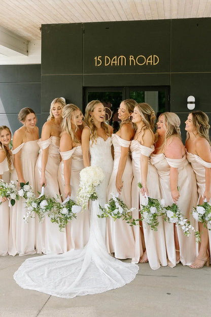 Off the Shoulder Champagne Bridesmaid Dress with Slit DP5862