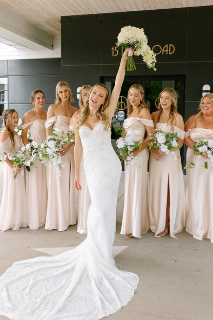 Off the Shoulder Champagne Bridesmaid Dress with Slit DP5862