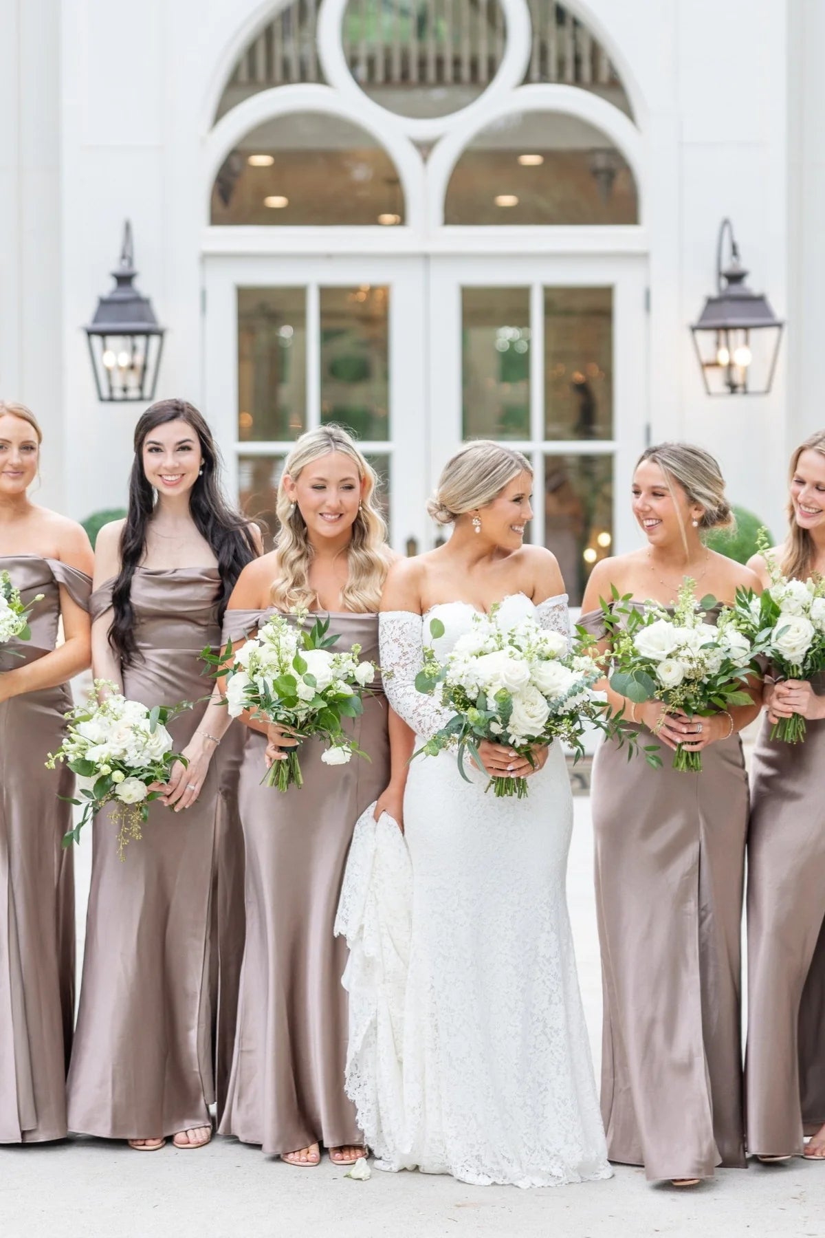 Off the Shoulder Champagne Bridesmaid Dress with Slit DP5862