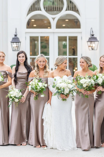 Off the Shoulder Champagne Bridesmaid Dress with Slit DP5862