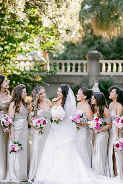 Off the Shoulder Champagne Bridesmaid Dress with Slit DP5862