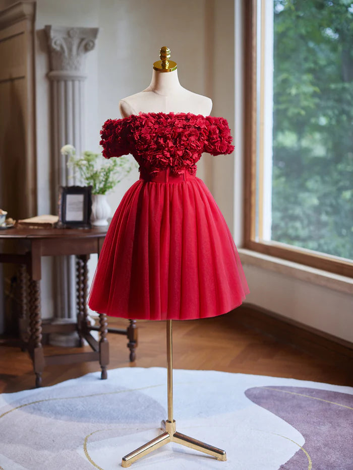 Red A Line Tulle Homecoming Dresses With Flower Appliques DP850