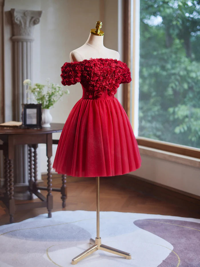 Red A Line Tulle Homecoming Dresses With Flower Appliques DP850