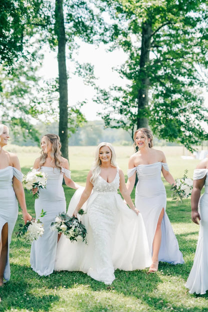 Gentle Mermaid Off the Shoulder Ice Blue Cowl Neck Bridesmaid Dress DP5843