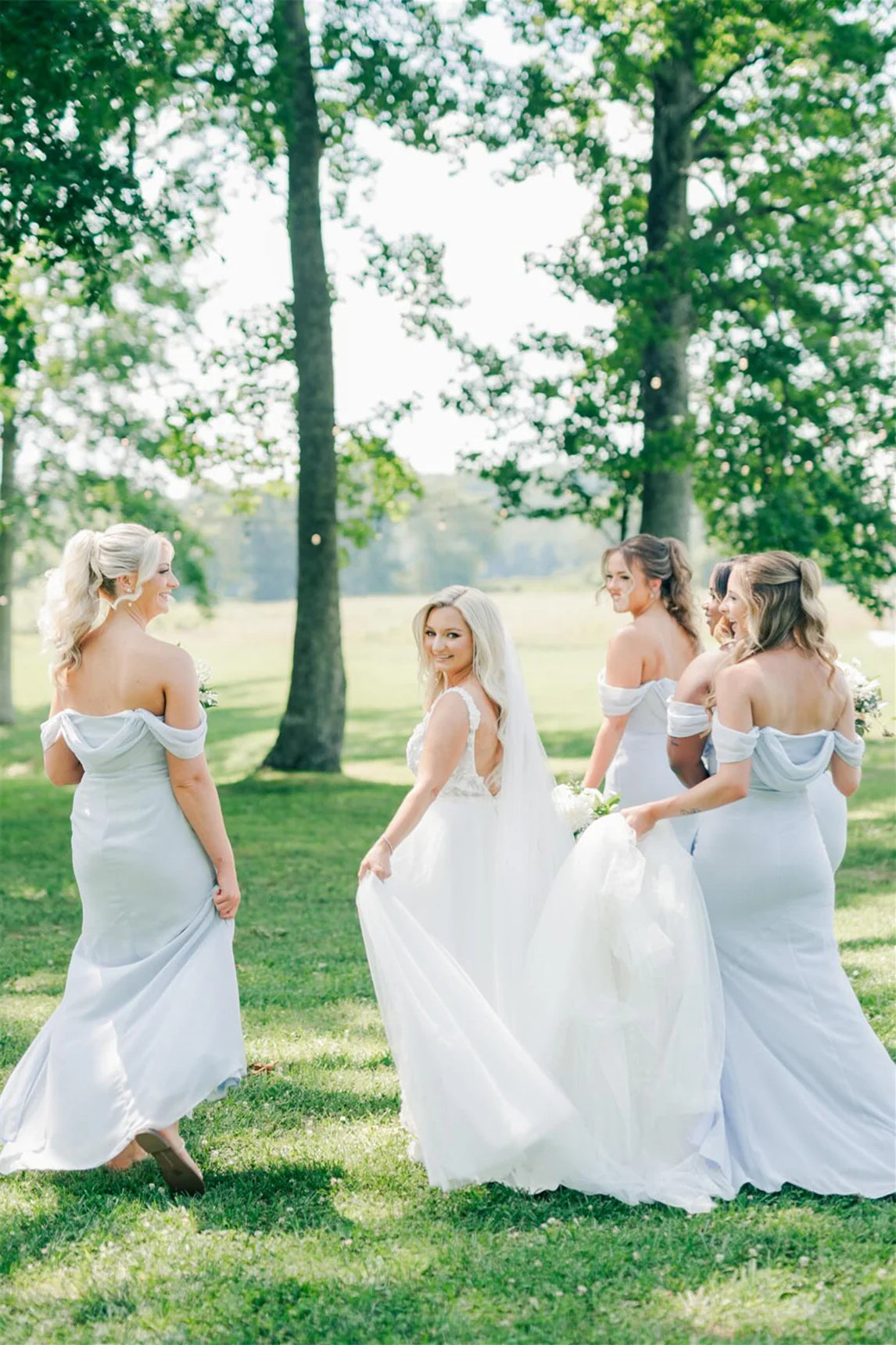 Gentle Mermaid Off the Shoulder Ice Blue Cowl Neck Bridesmaid Dress DP5843