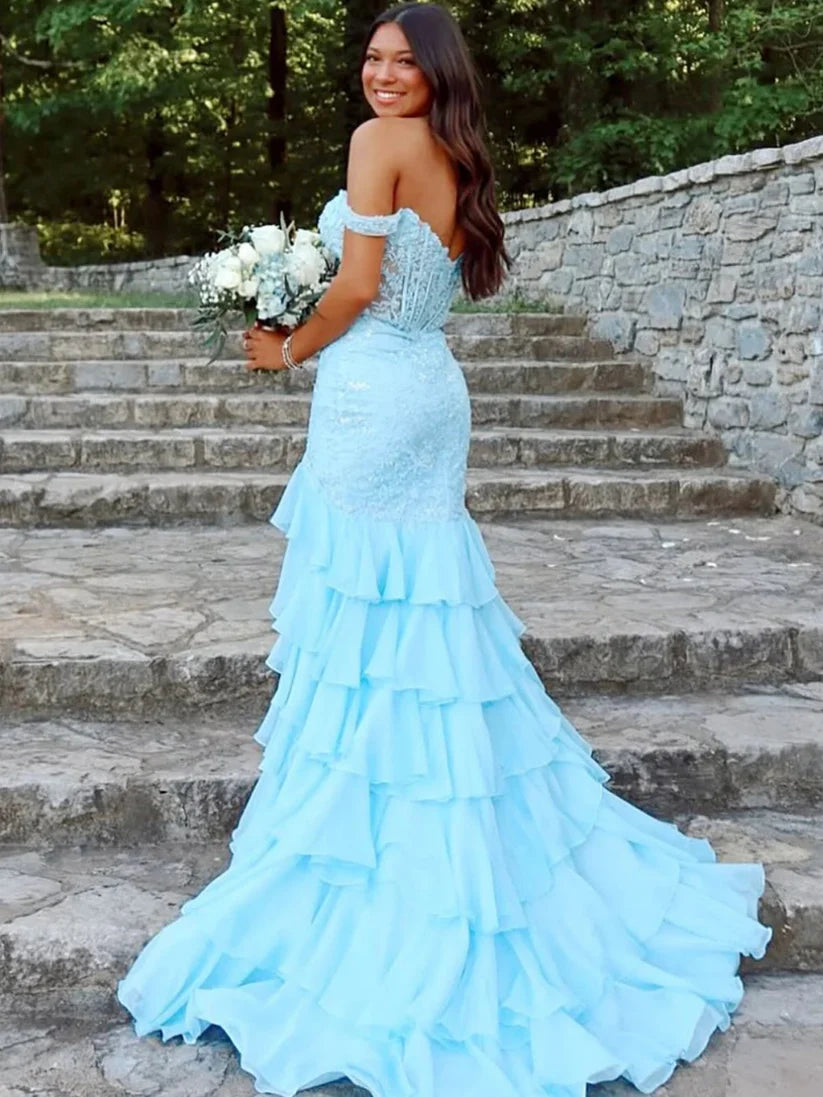Baby Blue Mermaid Off the Shoulder Lace Chiffon Evening Dress Prom Dress DP7660