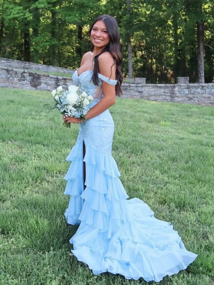 Baby Blue Mermaid Off the Shoulder Lace Chiffon Evening Dress Prom Dress DP7660