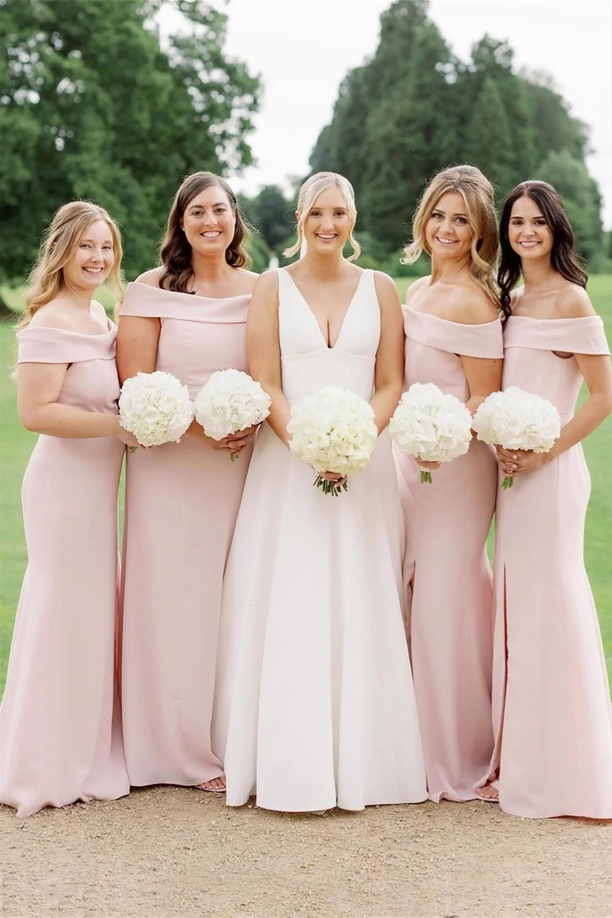 Elegant Mermaid Off the Shoulder Light Pink Satin Bridesmaid Dress DP5842