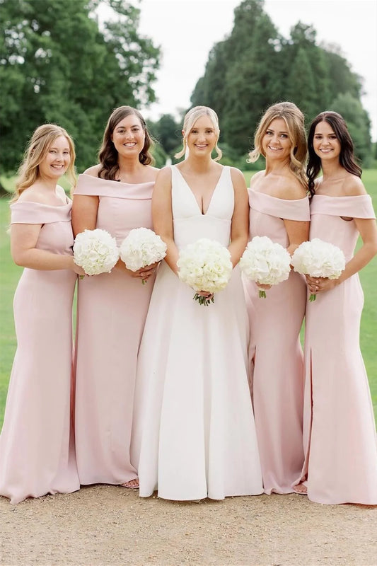 Elegant Mermaid Off the Shoulder Light Pink Satin Bridesmaid Dress DP5842