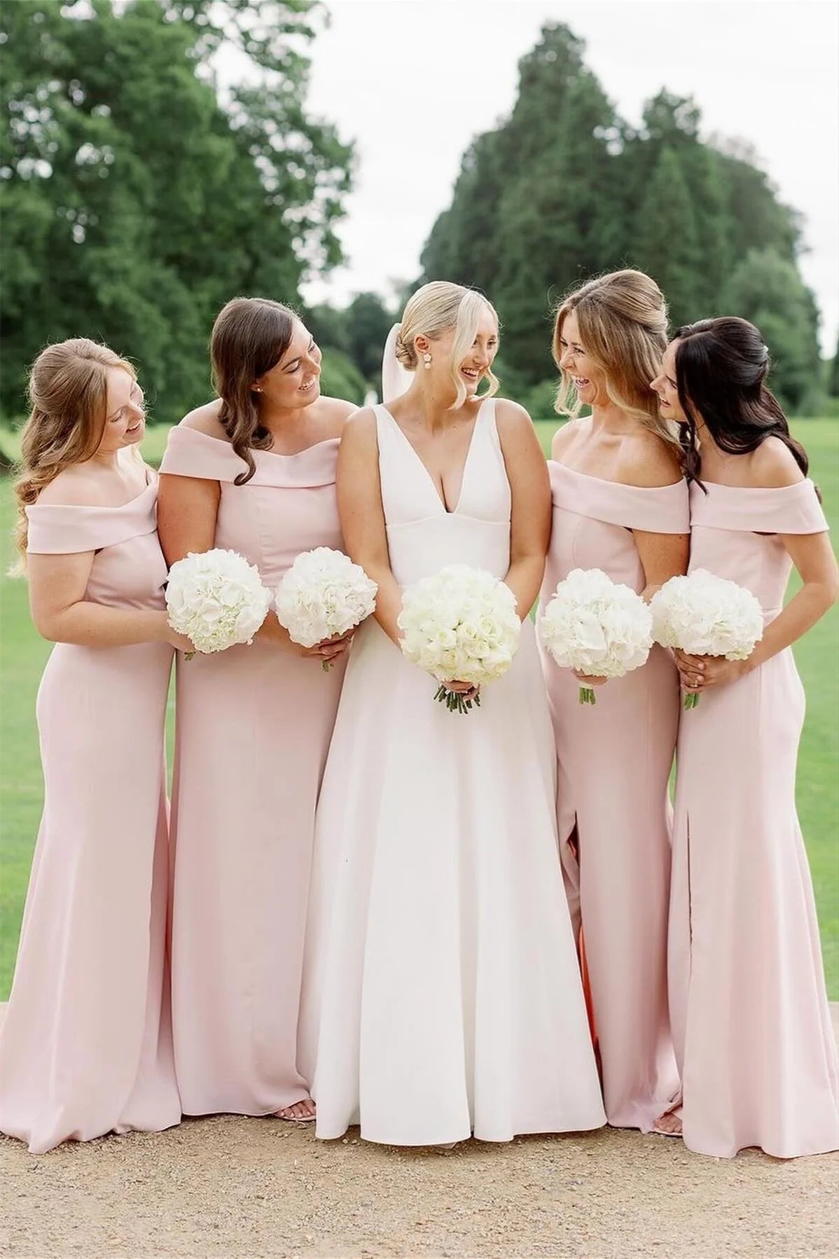 Elegant Mermaid Off the Shoulder Light Pink Satin Bridesmaid Dress DP5842