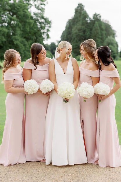 Elegant Mermaid Off the Shoulder Light Pink Satin Bridesmaid Dress DP5842