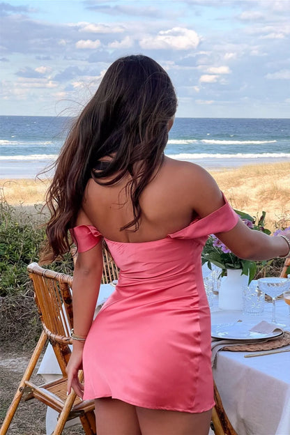 Watermelon Pink A Line Straps Satin Short Homecoming Dress Mini Dress Outfits DP5881