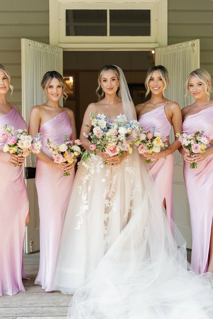One Shoulder Pink Cut-out Bridesmaid Dress with Slit DP5857