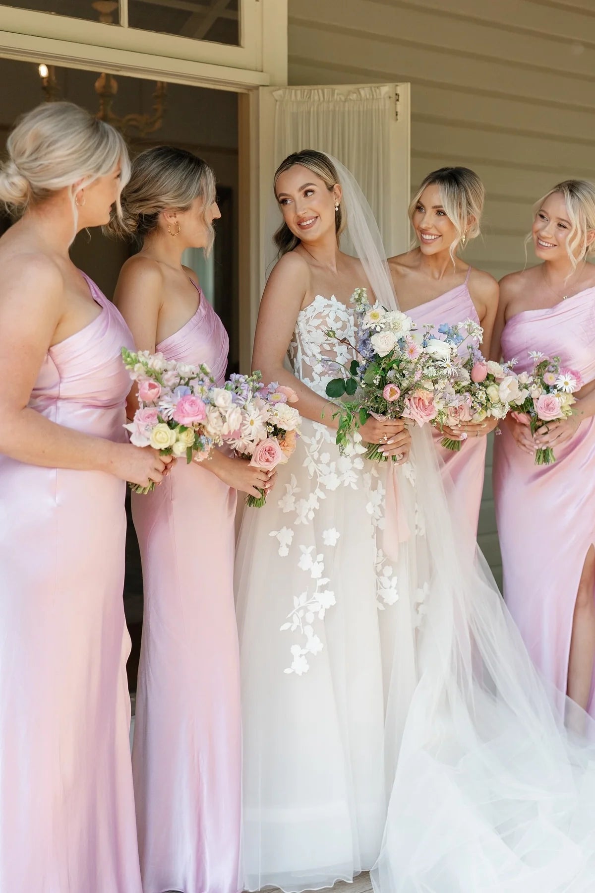 One Shoulder Pink Cut-out Bridesmaid Dress with Slit DP5857