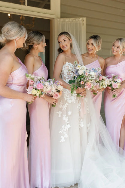 One Shoulder Pink Cut-out Bridesmaid Dress with Slit DP5857