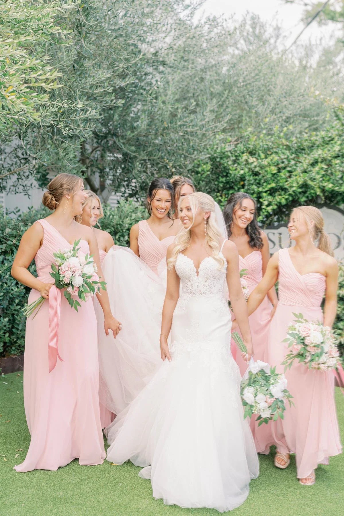 One Shoulder Pink Ruched Chiffon Long Bridesmaid Dress DP5856