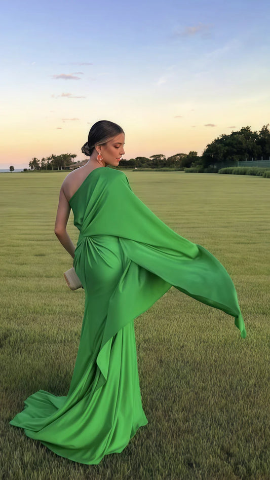 Charming Mermaid One Shoulder Green Satin Long Prom Dress Evening Dress with Slit DP1571