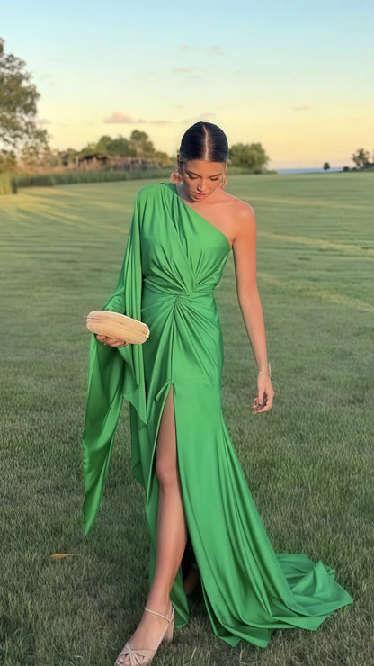 Charming Mermaid One Shoulder Green Satin Long Prom Dress Evening Dress with Slit DP1571