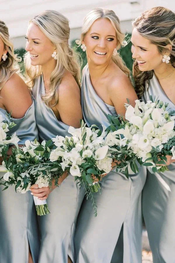One Shoulder Mist Blue Satin Long Bridesmaid Dress DP5867