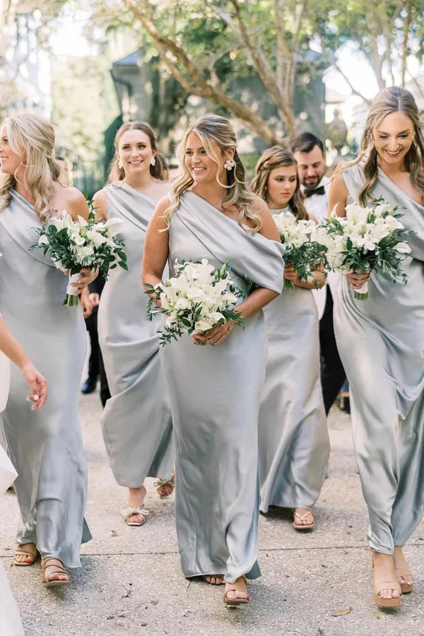 One Shoulder Mist Blue Satin Long Bridesmaid Dress DP5867