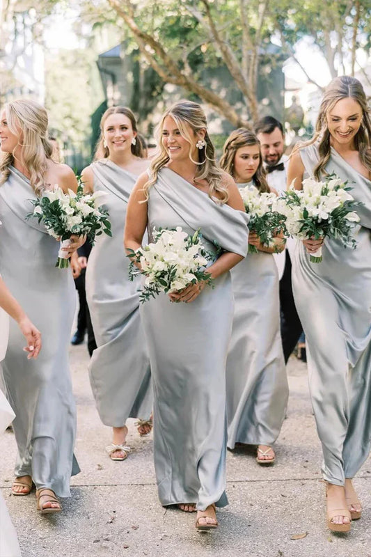 One Shoulder Mist Blue Satin Long Bridesmaid Dress DP5867