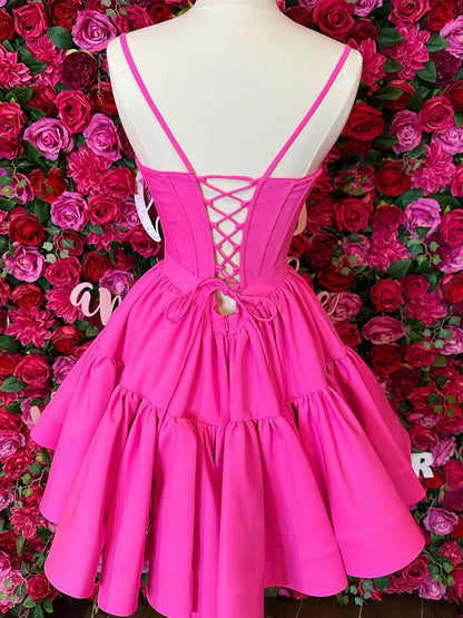 A Line Spaghetti Straps Open Back Pink Satin Short Homecoming Dresses DP868