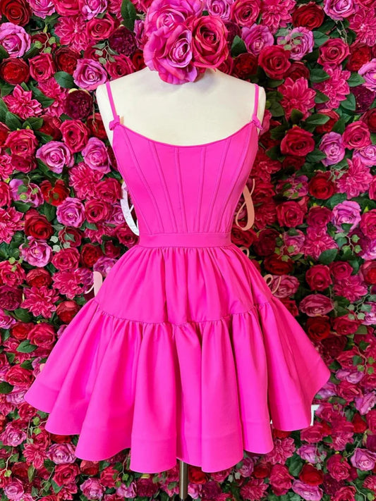 A Line Spaghetti Straps Open Back Pink Satin Short Homecoming Dresses DP868