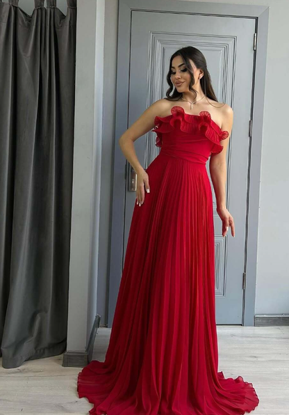 Charming Red A Line Strapless Chiffon Long Prom Dress Wedding Guest Dress DP4322