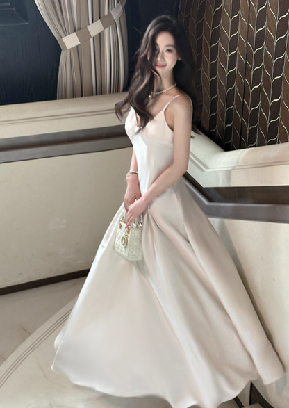 Simple White Spaghetti Strap Satin Prom Dress Evening Dress Party Dress DP3589
