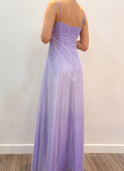 Vintage Lilac Ombre A Line Beaded Tulle Satin Prom Dress Evening Dress Date Dress DP5274