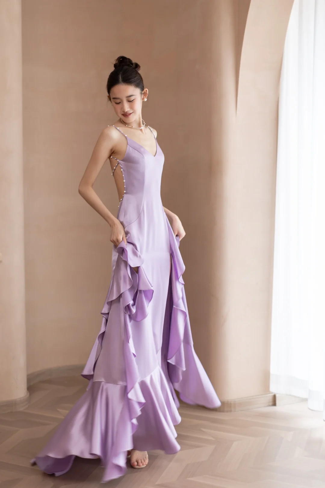 Flowy Ruffle Mermaid Spaghetti Strap Purple Satin Open Back Prom Dress Formal Dress DP3338