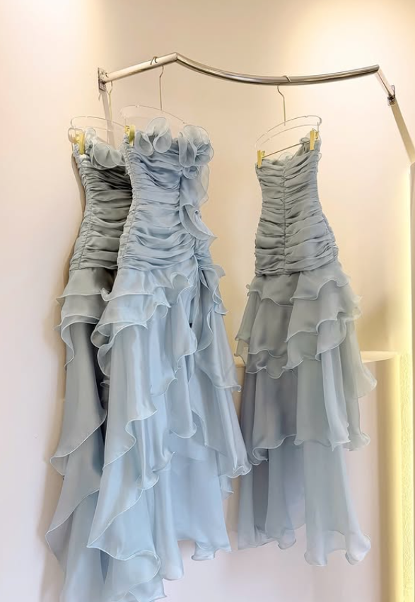 Stunning A Line Strapless Ruffle Blue Chiffon Prom Dress Evening Dress with Slit DP5915