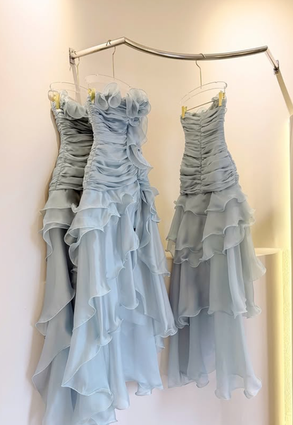 Stunning A Line Strapless Ruffle Blue Chiffon Prom Dress Evening Dress with Slit DP5915