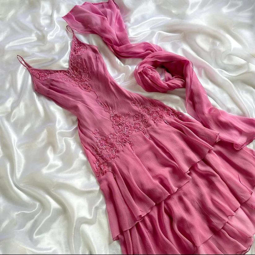 Pink Gorgeous Beaded Long Chiffon Ruffled Evening Dress Party Dress DP5079