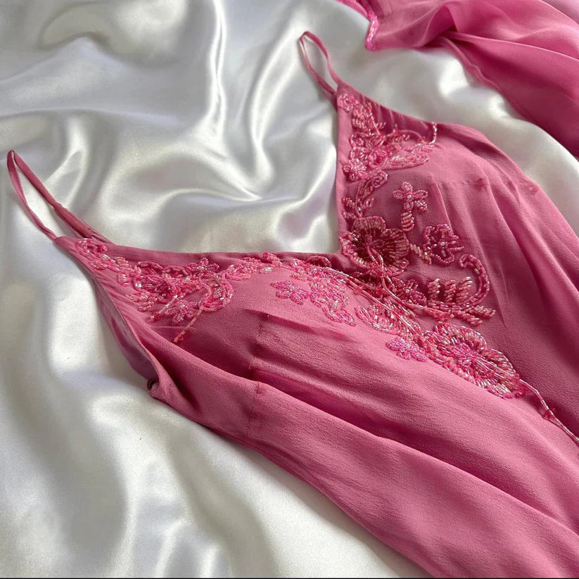 Pink Gorgeous Beaded Long Chiffon Ruffled Evening Dress Party Dress DP5079