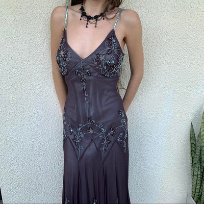 Vintage A Line Spaghetti Straps Beaded Long Prom Dress Evening Dress DP1538