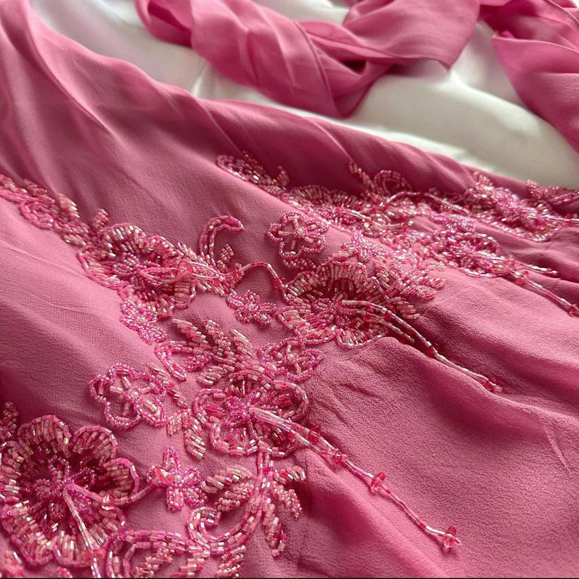 Pink Gorgeous Beaded Long Chiffon Ruffled Evening Dress Party Dress DP5079