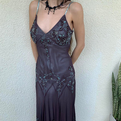 Vintage A Line Spaghetti Straps Beaded Long Prom Dress Evening Dress DP1538