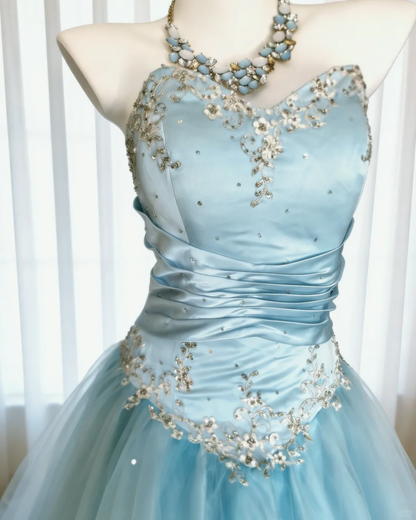 Vintage A Line Strapless Beaded Baby Blue Satin Tulle Prom Dress Evening Dress DP4726
