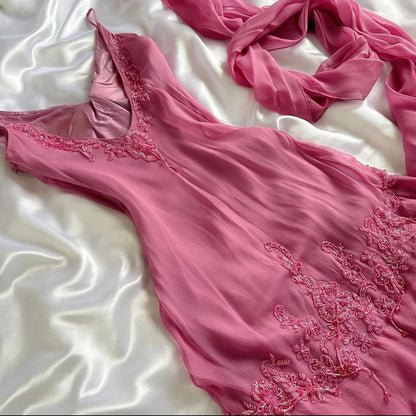 Pink Gorgeous Beaded Long Chiffon Ruffled Evening Dress Party Dress DP5079